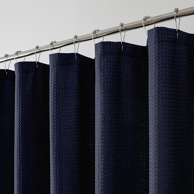 OWENIE Navy Blue Shower Curtain, Waffle Weave Heavy Fabric Shower Curtain for Bathroom, Waterproof Thick Textured 420G/M Soft Elegant Luxury Hotel Spa Bath Curtains, Machine Washable, 72W x 72L