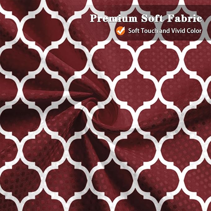 Culudea Quatrefoil Moroccan Burgundy Waffle Cloth Shower Curtain Set, Clover Grid Geometric Plaid Christmas Red Bathroom Window Waterproof Shower Curtains for Bathroom Decor