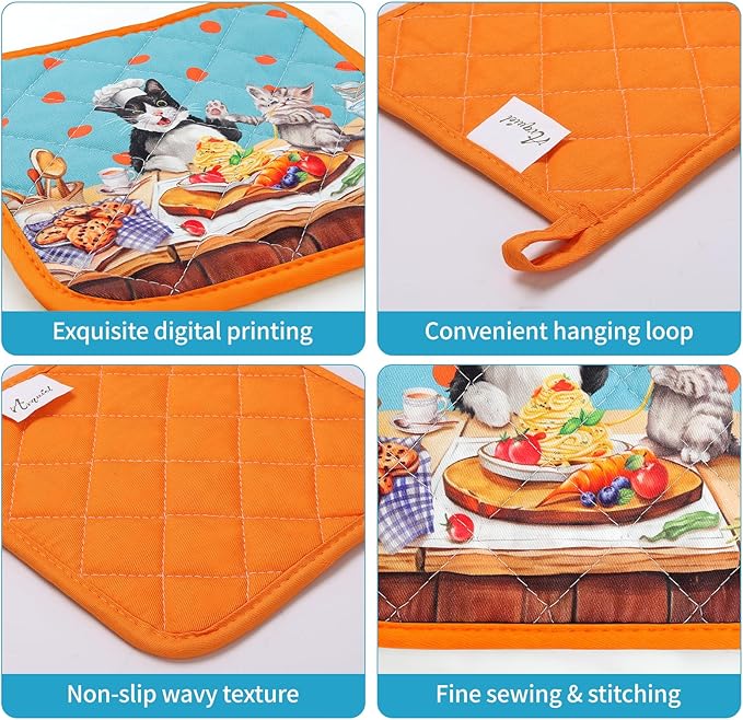 Cute Cat Oven Mitts and Pot Holders Sets 2Pcs, 100% Cotton Heat Resistant, Extra Long Oven Gloves Potholder for Kitchen Cooking Baking Decoration