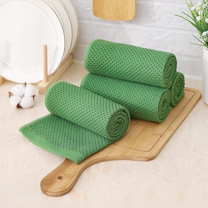 Kitinjoy 100% Cotton Waffle Weave Kitchen Towels, 8-Pack Super Soft and Absorbent Dish Towels for Drying Dishes, Kitchen Hand Towels, 13 in x 28 in, Grass Green