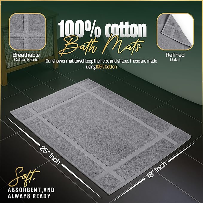 Pearl Linens 100% Ring Spun Cotton Bath Mat (Pack of 2) 18 x 25 Inch, Washable, Soft & Absorbent Terry Bathroom Floor Mat – Not Bathroom Rugs – Quick-Dry After Shower Bath Mat, 687 GSM, Light Grey