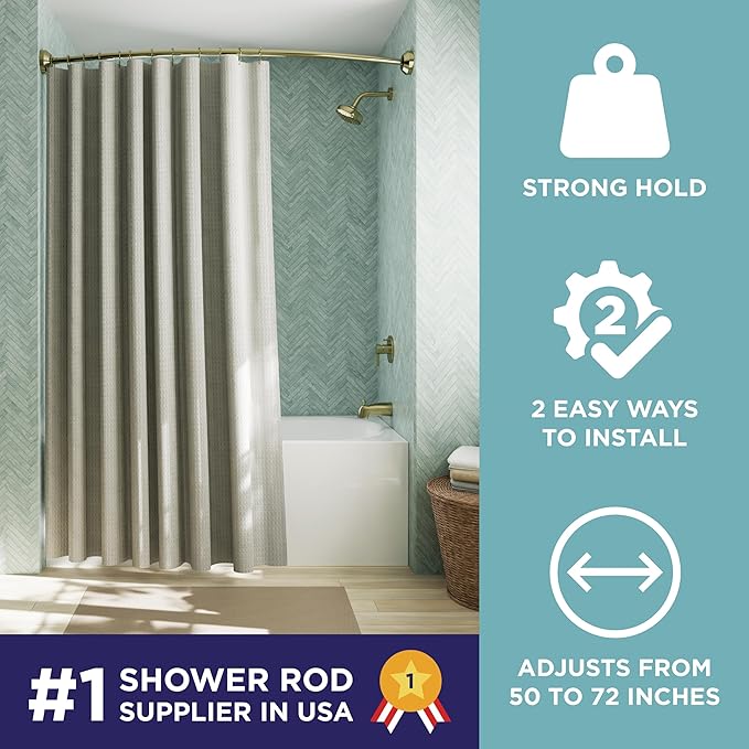 Zenna Home Rustproof Curved Shower Curtain Rod, No Drill Tension or Permanent Mount Adjustable Curved Shower Rod for Bathroom, Easy Install, Rounded for Extra Room, 50 to 72 Inches, Gold