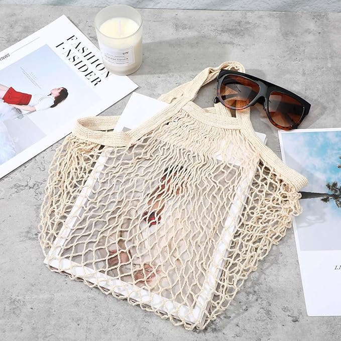 Lemecima 10 Pieces Reusable Mesh Grocery Bags Portable Cotton Produce Containers Washable Net Mesh Reusable Tote Bag with Handle String Shopping Organizer for Fruit Vegetable Shopping Storage Market