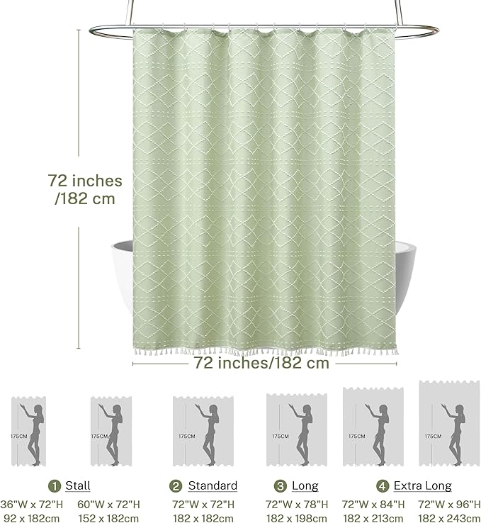 Siiluminisoy Boho Green Shower Curtain Woven Fabric Cute Shower Curtain with Tassel, 72 x 72 Tufted Chevron Textured Striped Modern Farmhouse Minimalist Cloth Shower Curtain for Bathroom