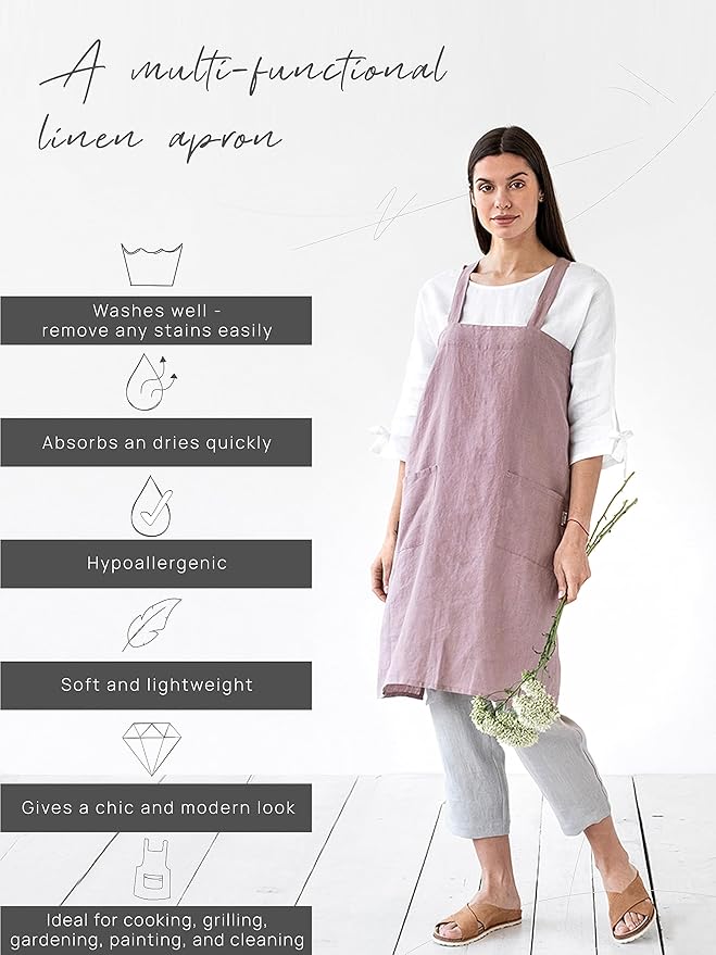 MagicLinen 100% Linen Apron - Japanese Cross Back Apron with Pockets for Women and Men - Pinafore Style