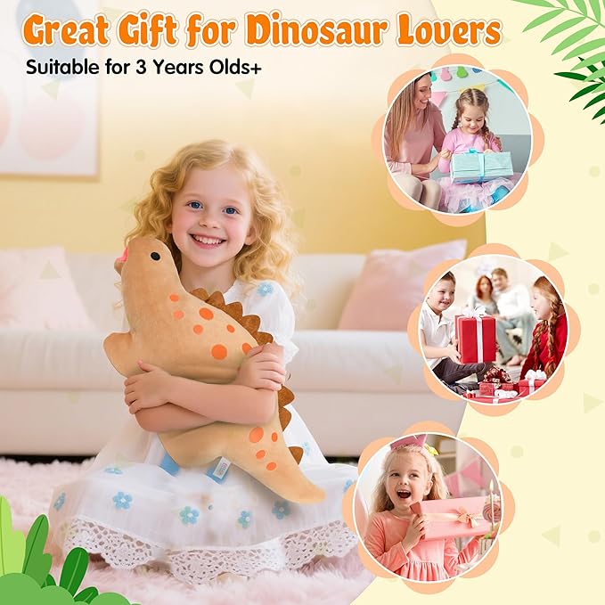 BB FUN HOUSE Dinosaur Pillow Plush, Stuffed Animal Birthday Gift Dino Decorative Throw Pillow for Kids Teens Adult Room Decor Soft Plushie Toy, Coffee