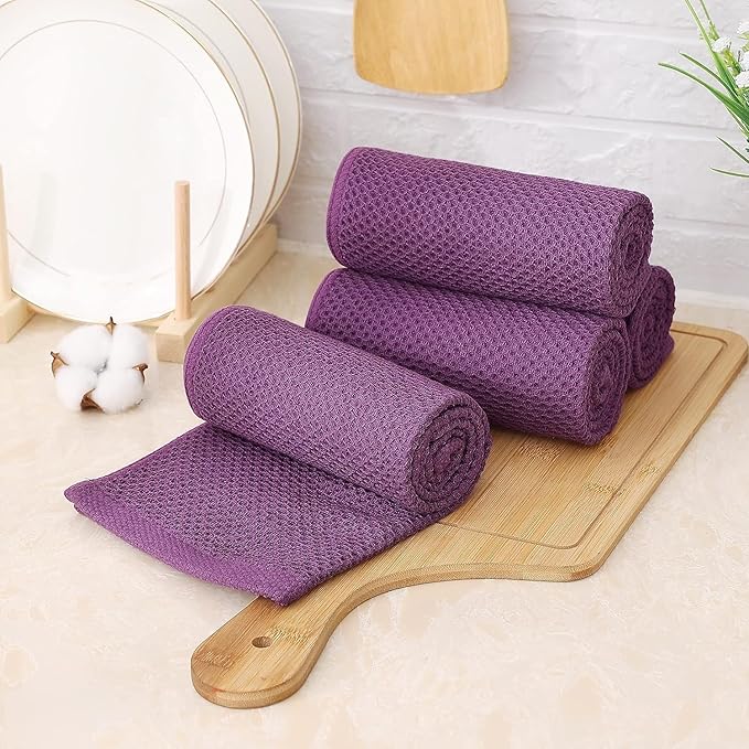 Kitinjoy 100% Cotton Waffle Weave Kitchen Towels, 6-Pack Soft lint Free and Absorbent Dish Towels for Kitchen Drying Dishes Hand Towels, 13 in x 28 in, Violet