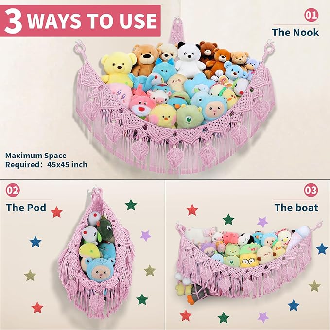Stuffed Animal Storage Hammock Corner, 56'' Large Stuffed Animal Net Organizer for Teddy Plush Nursery Decor, Boho Macrame Leaf Toy Holder, Light Pink Toy Net w/ LED Star Light for Kid Girl Gift