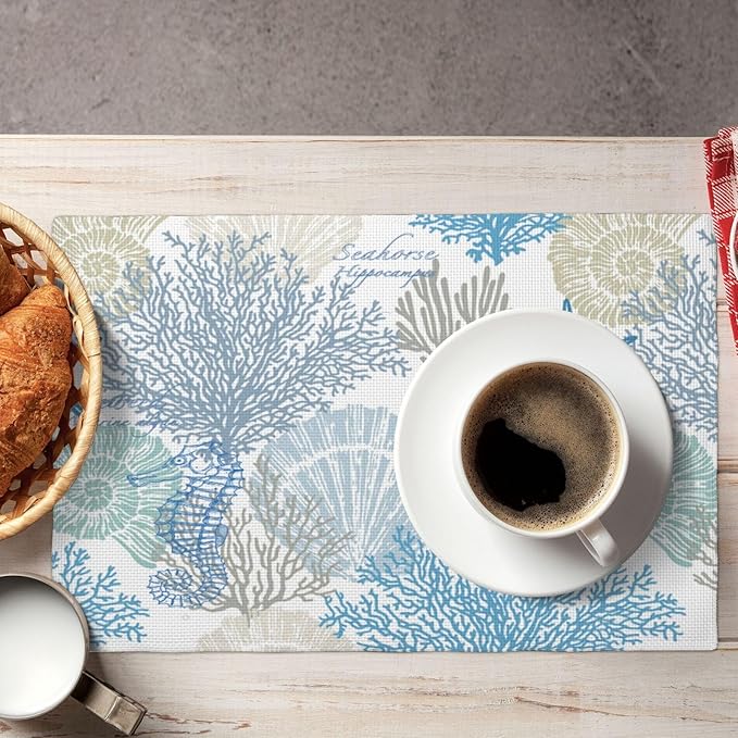 Starfish Placemats, Watercolour Summer Blue Underwater Coral Seashells Starfish Seahorse Sea Animals Print Washable Fabric Placemats Table Kitchen Dining Party 12x18 Inch Set of 4