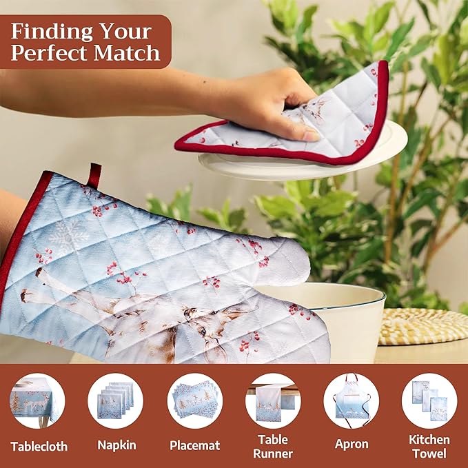 Maison d' Hermine 100% Cotton Oven Mitt & Pot Holder Set (7.5"x13" & 8"x8") Heat Resistant BBQ Cooking Gloves with Loop for Thanksgiving Christmas Decorations Handling Hot Pans (Fairy Tale Forest)