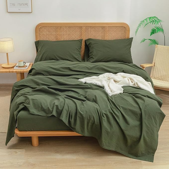 BESTOUCH Sheet Set 100% Washed Cotton Linen Feel Super Soft Comfortable Chic Lightweight 4 Pcs Home Bedding Set Solid Olive Green Queen