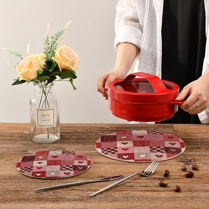 Valentine's Day Pink Hearts Trivet Mat 2PCS Plaid Tartan Round Woven Potholders Kitchen Table Countertop Protector Hot Pads Farmhouse Coasters Counter Mats for Cooking Baking