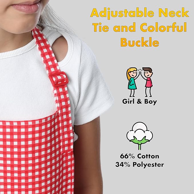 Kids Aprons for Cooking Waterdrop Resistant Aprons for Girl & Boy Toddler Apron for Painting, Gardening, Baking, Smock (Plaid Red, Small (3-5 years))