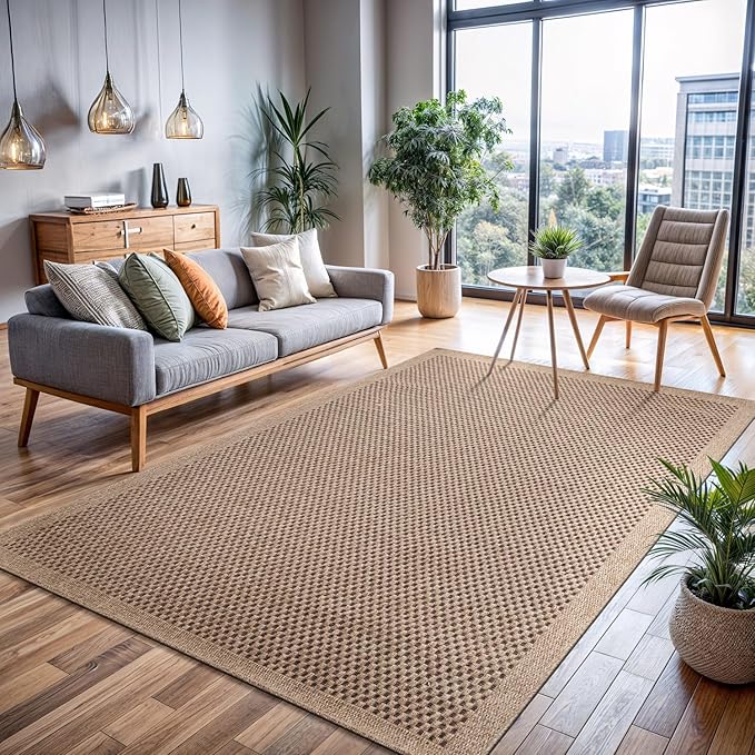 CAMILSON Easy Jute Rug 10x14, Indoor Outdoor Natural Color Fiber Area Rugs for Living Room Patio and Kitchen Rug, Sisal Boho Woven Design, Easy-Cleaning, Washable Outside Carpet Alfombras (10 x 14)