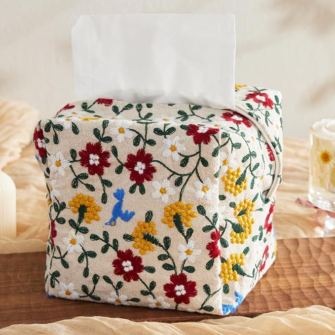 Hausfrau Tissue Box Cover Square Embroidered Jacquard Linen Tissue Holder Case Cube Decorative for Bathroom Vanity Countertop Desk Office, 5.3"x5.3"x5.3", Bird Flower