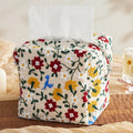 Hausfrau Tissue Box Cover Square Embroidered Jacquard Linen Tissue Holder Case Cube Decorative for Bathroom Vanity Countertop Desk Office, 5.3"x5.3"x5.3", Bird Flower