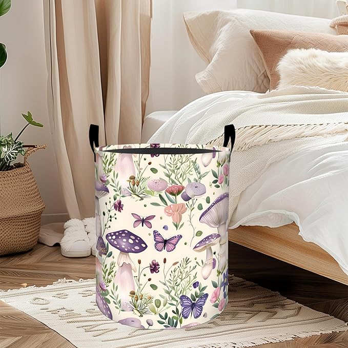 ainori Mushroom Floral Laundry Basket, Oxford Cloth Pastel Dreamy Dirty Clothes Collapsible Hamper for Room Decor, Butterfly Flower Print Gifts Toy Organizer 19.7*15.8 Inch for Bedroom Bathroom Dorm