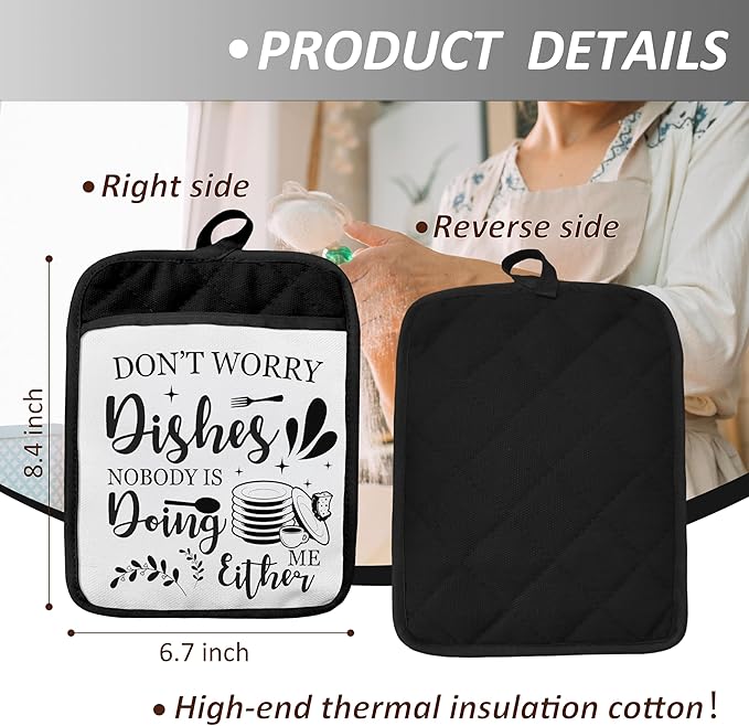 Funny Kitchen Gifts Pot Holders with Pockets, Don't Worry Dishes Pot Holders Heat Resistant Oven Mitts Hot Pads for Kitchen Baking Cooking,Potholders for Kitchens