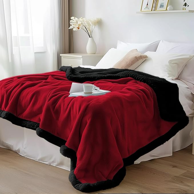 Bedding Aid Waterproof Blanket Twin Size - Sherpa Fleece Reversible Throw, Soft Warm Leak-Proof Bed & Couch Protector for Kids, Pets & Everyday Spills (Velvet Red/Obsidian Black, 65x90