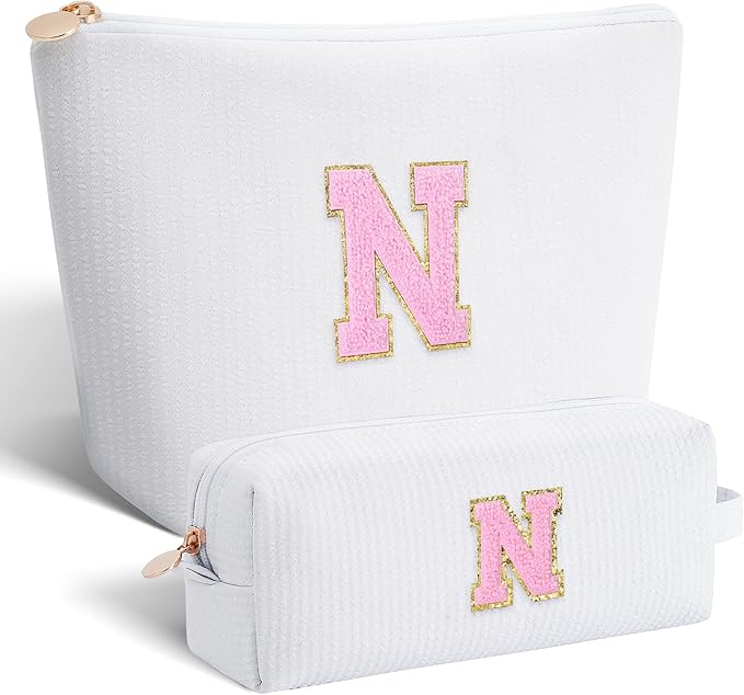 Btffitting Personalized Makeup Bag for Women Girls - Fashion Cosmetic Bag Trendy Travel Toiletry Bag with Initials Letter - Teen Gifts - White,N