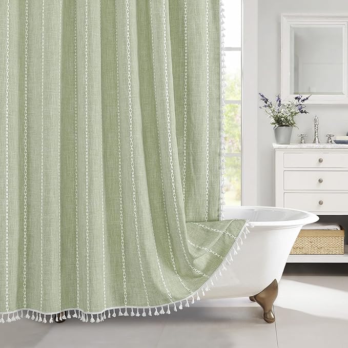 MitoVilla Sage Green Boho Shower Curtain for Vintage Rustic Bathroom Decor, Modern Farmhouse Polyester Linen Fabric Neutral Wrinkle Resistant Cloth Shower Curtain with Tassel, 72 x 72
