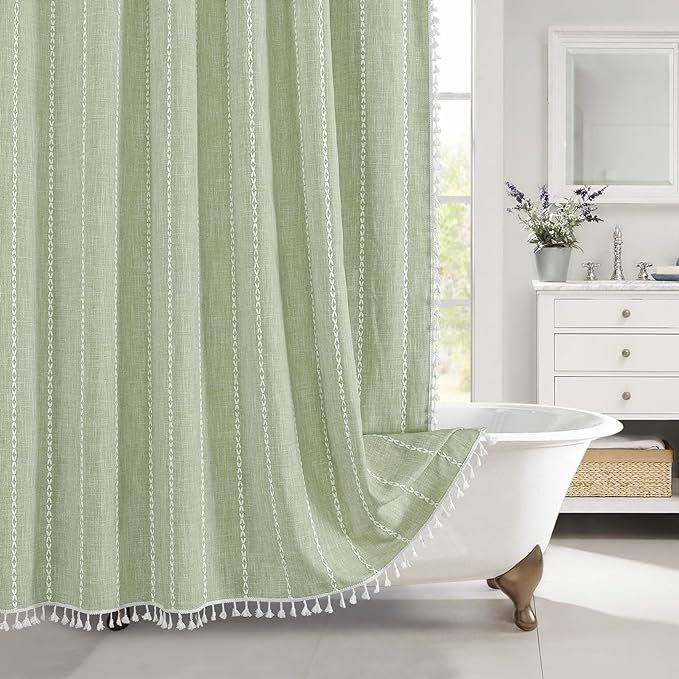 MitoVilla Sage Green Shower Curtain 72 x 78, Boho Farmhouse 78 inch Long Polyester Linen Tassel Ultra Thick Heavy Duty Fabric Shower Curtains for Chic Cottagecore French Rustic Bathroom Decor
