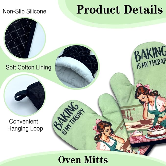 2 Pack Funny Baking Oven Mitts for Women, Baking is My Therapy, Retro Housewife Heat Resistant Mitts, Birthday Gifts for Bake Lovers, Sweet Housewarming Gifts for Hostess Mom Wife Friend