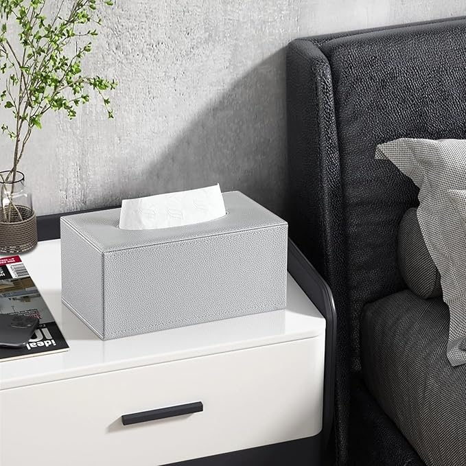 JLAMBOM Rectangle Tissue Box Cover for 120 to 160 Count Box of Tissues, PU Leather Tissue Holder with Magnetic Closure (Silver)