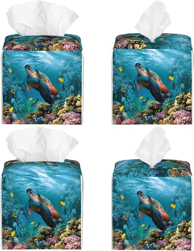 POIUBLE Leather Tissue Box Holder Sea Turtle Tissue Box Cover Square Waterproof Tissue Holder Organizer Modern Napkin Holder for Bedroom Dresser Night Stand Office Desk