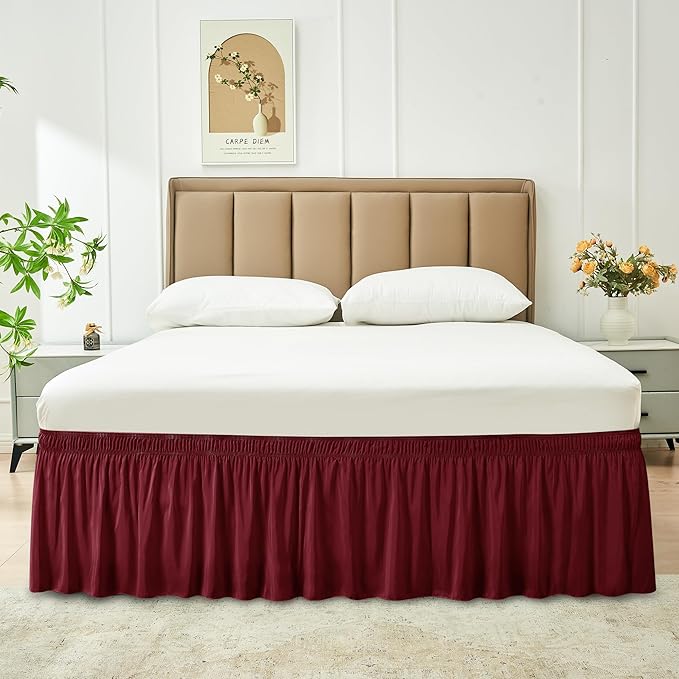 Biscaynebay Wrap Around Bed Skirts for King & Cal King Beds 17" Long Drop, Burgundy Adjustable Elastic Dust Ruffles Easy Fit Wrinkle & Fade Resistant Silky Luxurious Fabric Solid Machine Washable