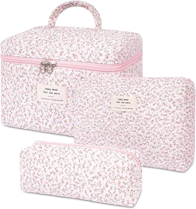 SXS LACONIC 3PCS Quilted Makeup Bag Set, Cosmetic Pouch for Women, Travel Toiletry Bags with Zipper Closure, Coquette Floral Make up Organizers