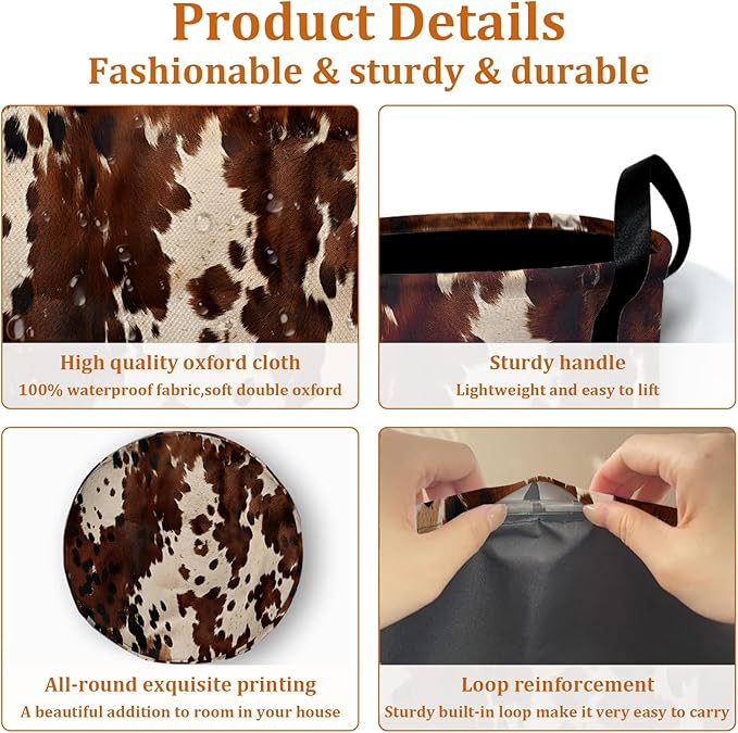 Brown Cow Skin Print Laundry Basket with Sturdy Handles, Nature Cowhide Collapsible Oxford Cloth Laundry Hamper Organizer Basket for Bathroom Bedroom 15.7x20 Inch