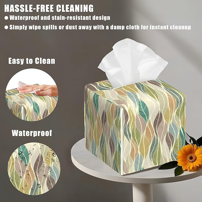 BLYKVGHQ Colorful Wavy Lines Square Tissue Box Cover Abstract Leaves Tissue Box Holder Facial Cube Paper Dispenser Leather Decorative Organizer Home Office Desk Decor, 5.2"x5.2"x5.2"
