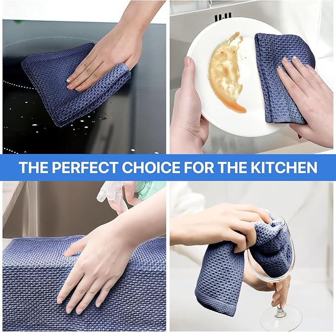 FreeNook 100% Cotton Waffle Weave Kitchen Towels, 6 Pack Dish Cloths for Washing Dishes, Ultra Soft Absorbent Dish Towels, Quick Drying Kitchen Rags, 12x12 Inches, Dark Blue