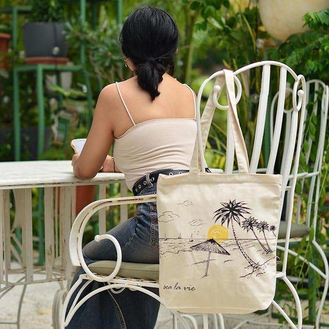 Ecoright Tote Bag for Women with Zipper, Small Tote Bag, Canvas Bag, Reusable Cotton Bag for Beach, Grocery, School & Work