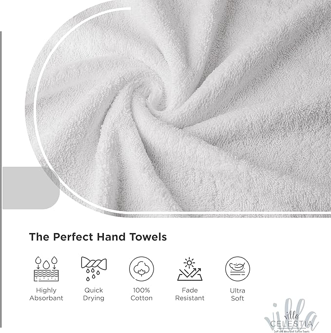 Villa Celestia 100% Cotton Hand Towel Set of 2, (16 x 28 inches) Sustainable, Soft, Highly Absorbent, Quick Drying, Combed Cotton Hand Towels Pack of 2 Ideal for Hotels, Spa, Bathroom, Dorm, White