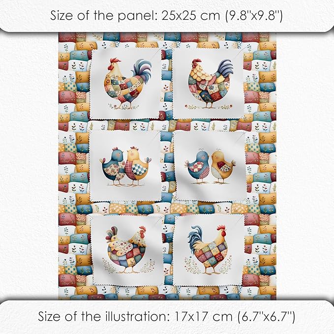 Farmhouse Chicken Patchwork Cotton Fabric Panel – 6 Designs (10×10 inch Each) + Bonus Patchwork Sheet 29.5×19.6 inch, 100% Cotton 140 GSM