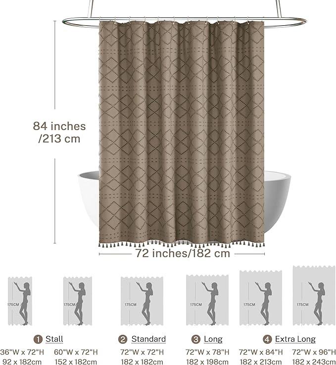 Siiluminisoy Extra Long Boho Farmhouse Shower Curtain - Woven Fabric Khaki 84 Inch, 72 x 84 Tufted Chevron Textured Striped Modern Minimalist Cloth for Bathroom