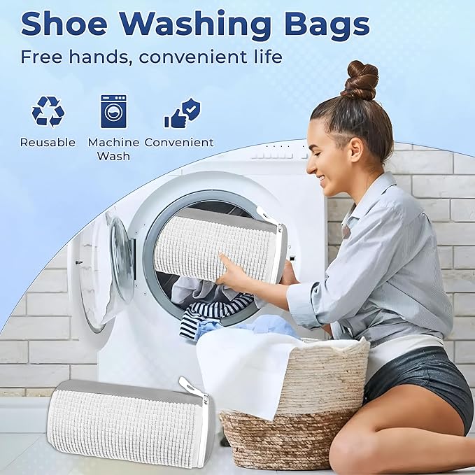 SR ESSENTIALS 2Pcs Shoe Washing Machine Bag with Insoles | Reusable Sneaker Laundry Bags for Machine Wash | Fluffy Fiber 360° Cleaning with Durable Zipper Closure (White Grey & Trees)