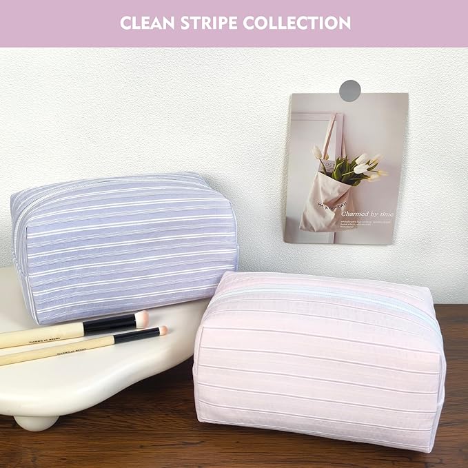 STARDW Striped Cotton Makeup Bag, Cute Cosmetic Pouch with Canvas Lining & Zipper, Travel Toiletry Bag