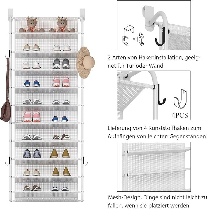 MUOU 10 Tier Shoe rack Hanging Shoe Storage the door shoe rack for Closet Pantry Over The Door Shoe Organizer Wall Floating Shelves (White, 10 Tier)