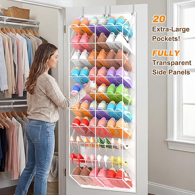 30 Pairs Over the Door Shoe Organizer, Transparent PVC Hanging Shoe Rack for Closet, 10-Tier Door Shoes Storage, Crystal-Clear Visibility Fit All the Family's Sneakers, Boots, Heels, White Frame