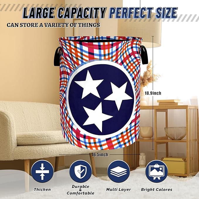 Tennessee State Flag Laundry Basket Oxford Cloth Flag Laundry Hamper With Handle Portable Clothes Storage Basket Foldable Funny Laundry Bag 18.9"x16.5" For Laundry Room/Bedroom/Bathrooms