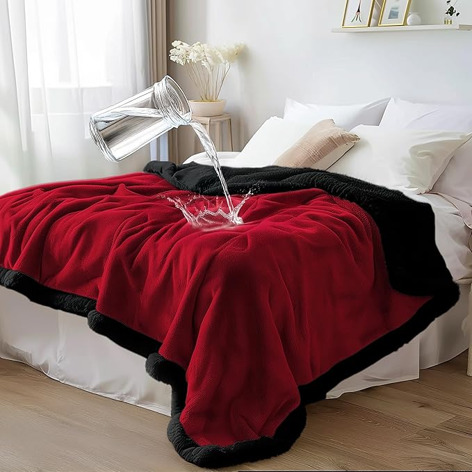 Bedding Aid Waterproof Queen Size Blanket - Sherpa Fleece Reversible Throw, Soft Warm Leak-Proof Bed & Couch Protector for Kids, Pets & Everyday Spills (Velvet Red/Obsidian Black, Queen 90x90)