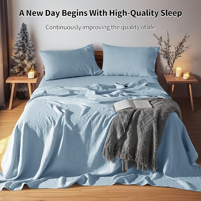 LBRO2M 100% Linen Sheet Set Twin XL Size,Bed Sheets 3 Piece Sets,Solid Color Natural Flax Bed Sheets Soft Breathable Bedding,16" Deep Pocket,All Season (Twin XL, Dusty Blue)
