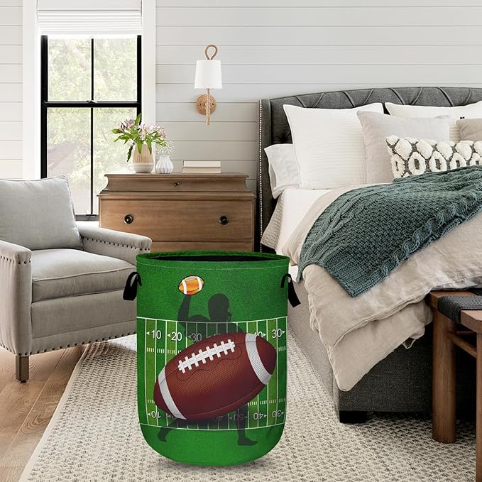 American Football Laundry Basket with Sturdy Handles, Ball Game Collapsible Oxford Cloth Laundry Hamper Organizer Basket for Bathroom Bedroom 15.7x20 Inch