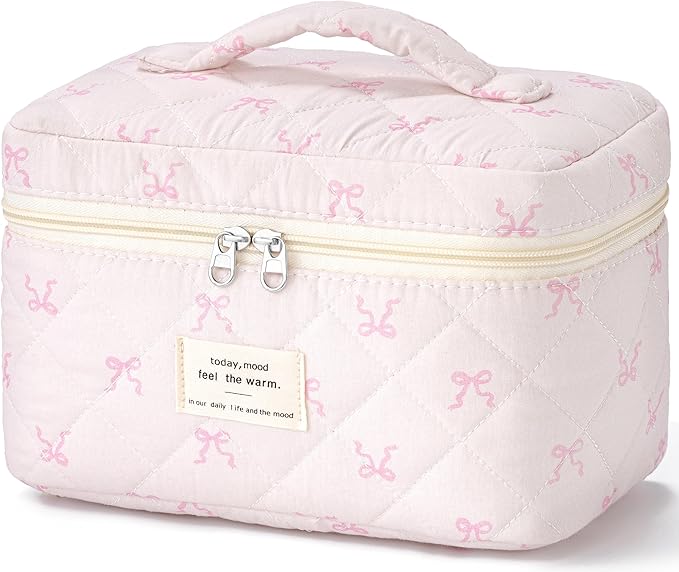 HBselect Christmas Gifts Large Quilted Makeup Bag, Cute Cotton Travel Makeup Bag with Handle, Portable Coquette Floral Make up Bags, Toiletry Organizer Make up Bags for Women Teen Girls Mom