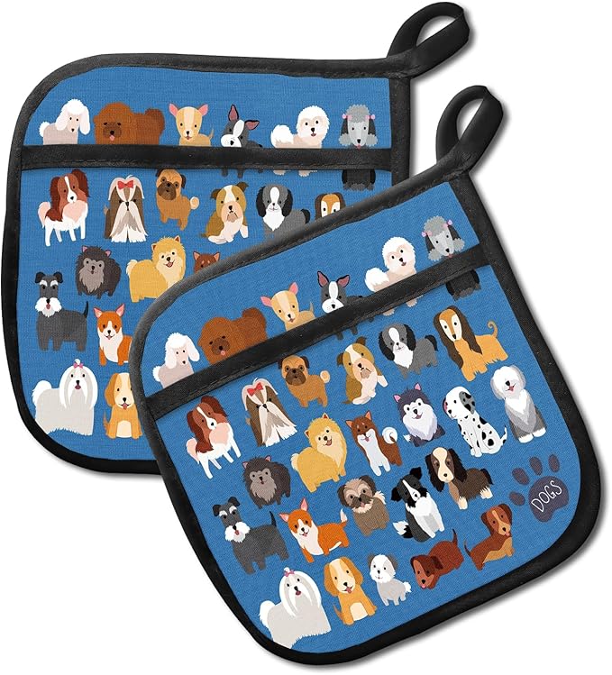 Pot Holders for Kitchen, Heat Resistance Hot Pads, Cute Potholder with Pocket for Kitchen Cooking Baking 2 Packs, Cute Puppies