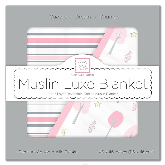SwaddleDesigns 4-Layer Cotton Muslin Luxe Blanket, Baby and Toddler Cuddle and Dream, 46x46 inches, Pink Thicket and Stripes