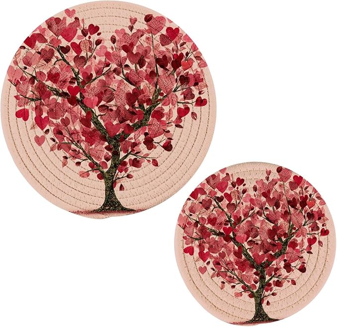 Valentine Tree Hearts Trivet Mat 2PCS Love Leaf Round Woven Potholders Kitchen Table Countertop Protector Hot Pads Farmho